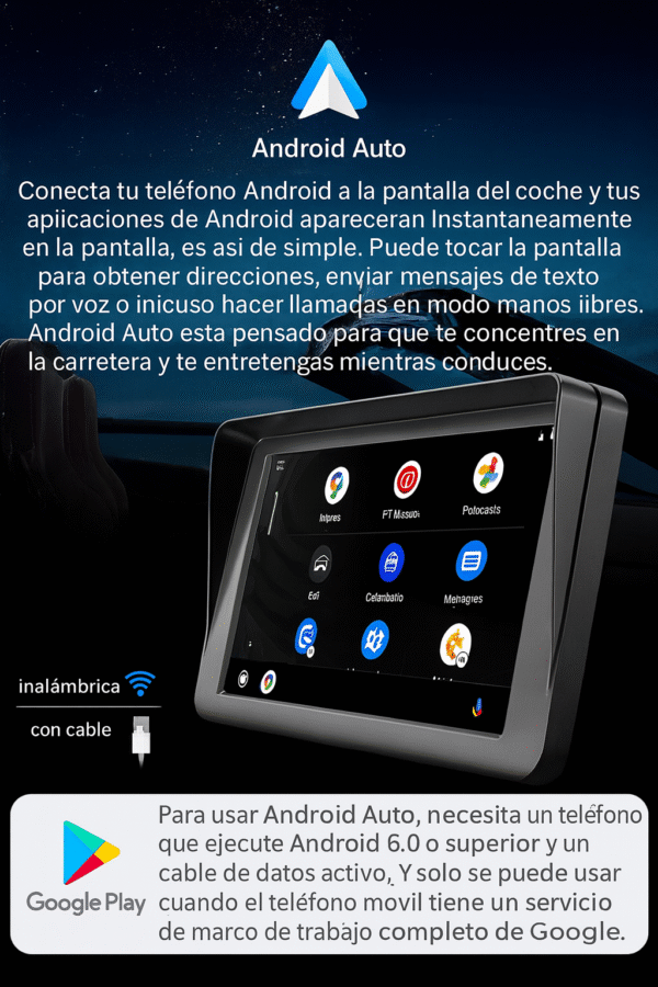 Pantalla CarPlay y Android Auto Inalámbrica HD 7”