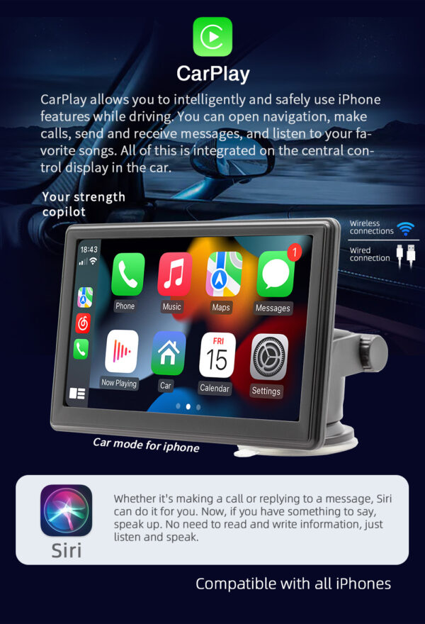 Pantalla CarPlay y Android Auto Inalámbrica HD 7”