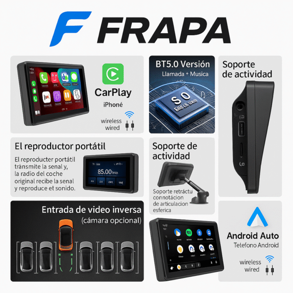 Pantalla CarPlay y Android Auto Inalámbrica HD 7”+ Camara de Retroceso